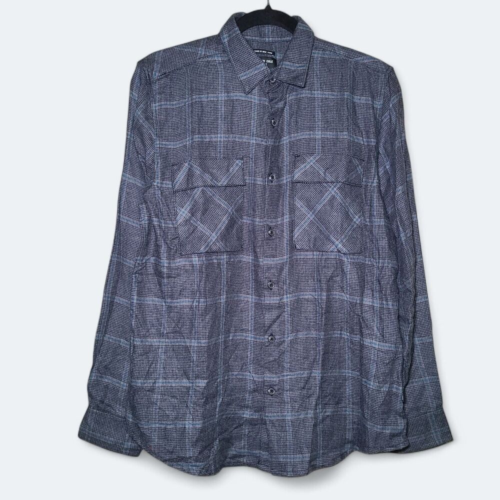 NWT Kenneth Cole Men's Medium Grey Plaid Slim Soft Button Up Shirt Techni-Cole